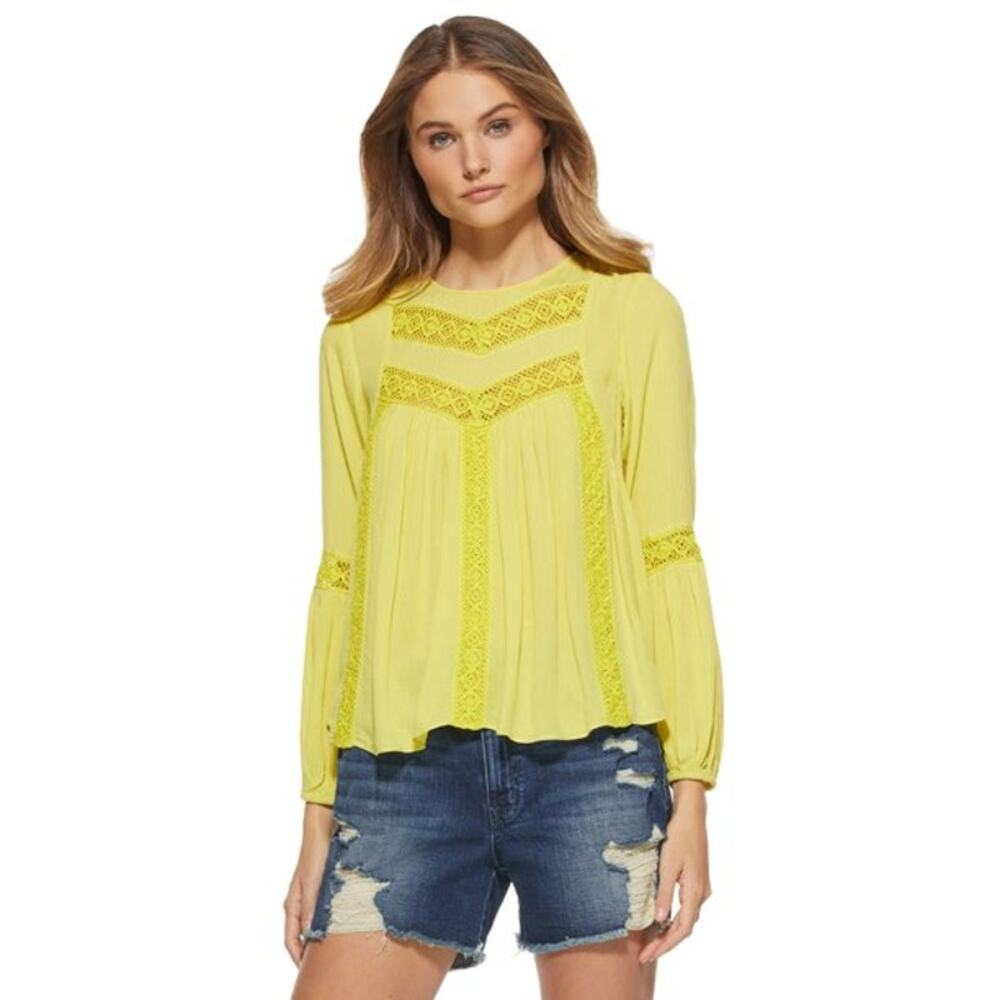 SCOOP Peasant Blouse Top w/ Crochet Trim Canary Yellow Boho Festival XS